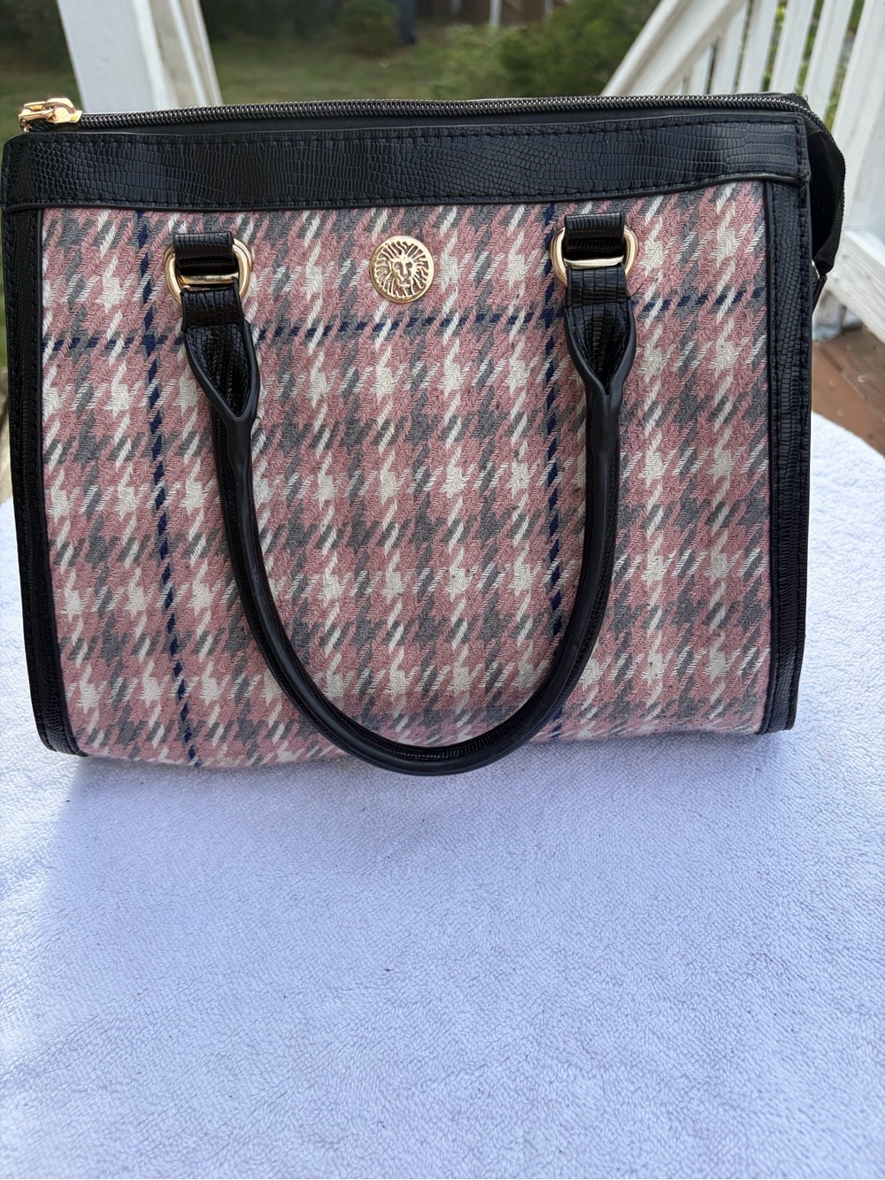 Anne Klein Pink and Black Houndstooth Satchel